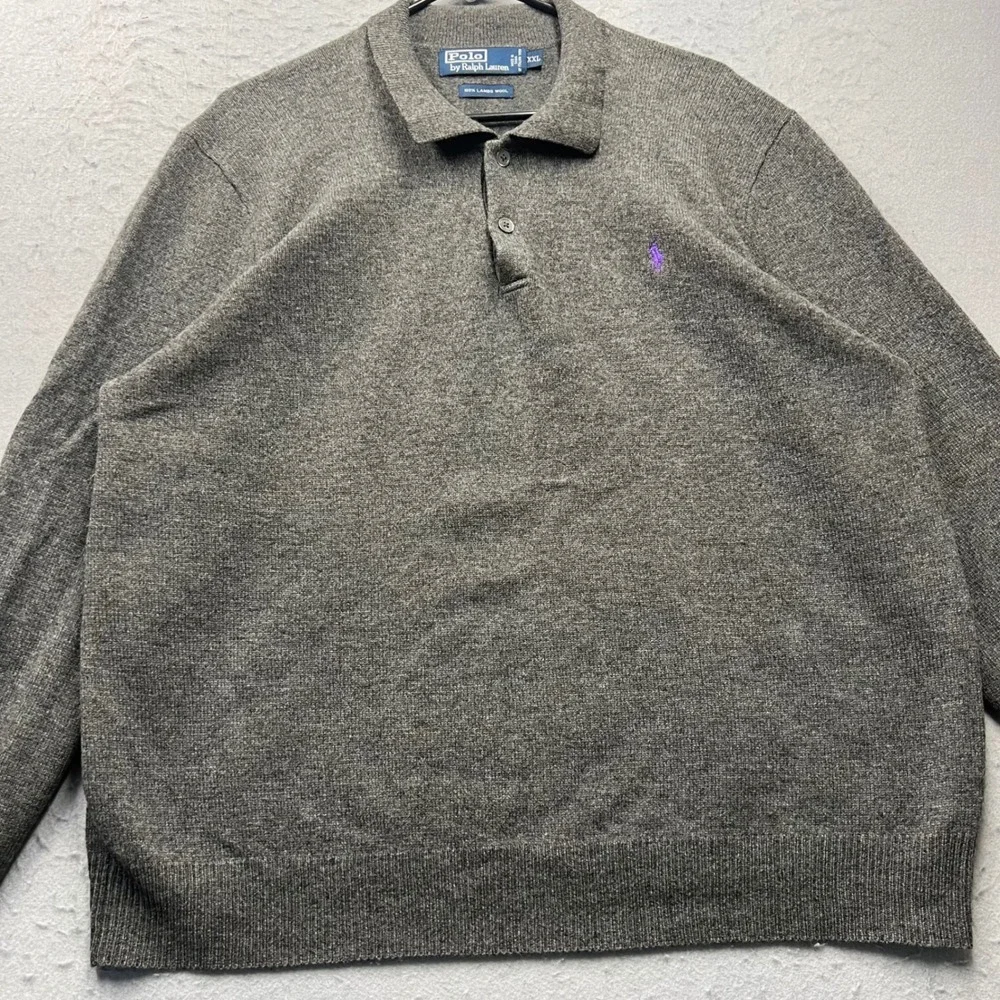 Polo Ralph Lauren Men XXL Gray 100% Lambswool Long Sleeve Polo Sweater Pony Logo